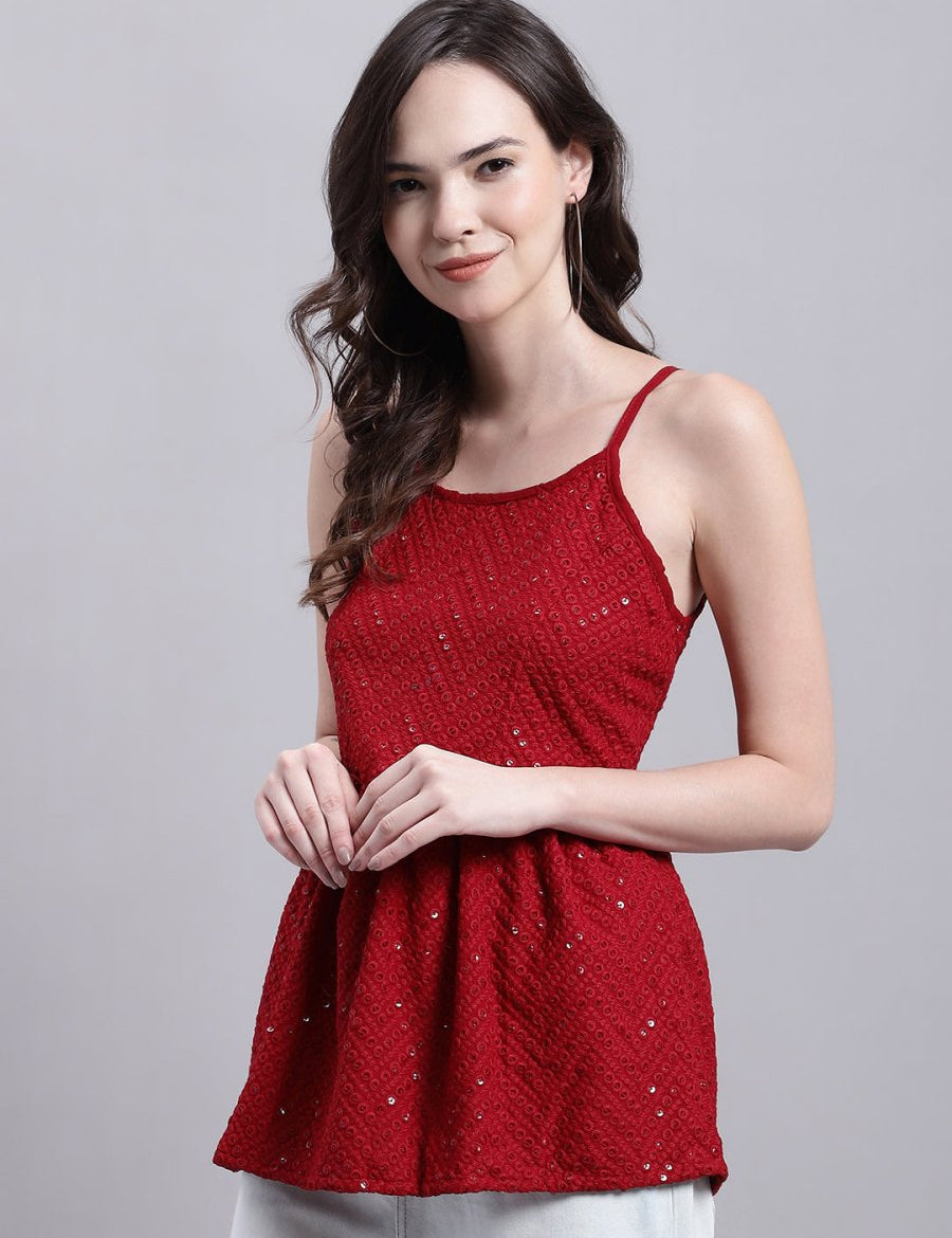 Women's Maroon Chikankari Sequen Work Empire Top - JNT_2014Maroon_XS
