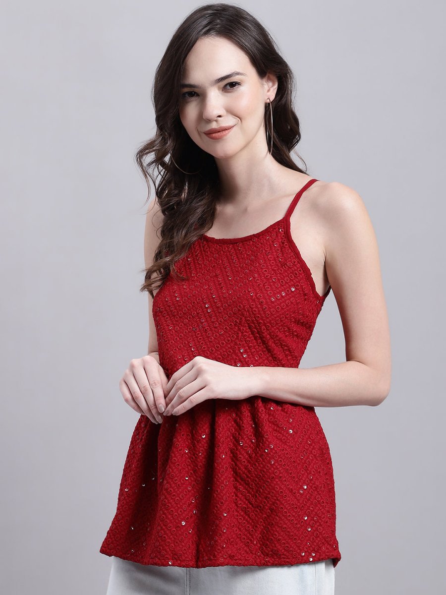 Women's Maroon Chikankari Sequen Work Empire Top - JNT_2014Maroon_XS
