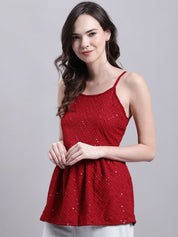 Women's Maroon Chikankari Sequen Work Empire Top - JNT_2014Maroon_XS