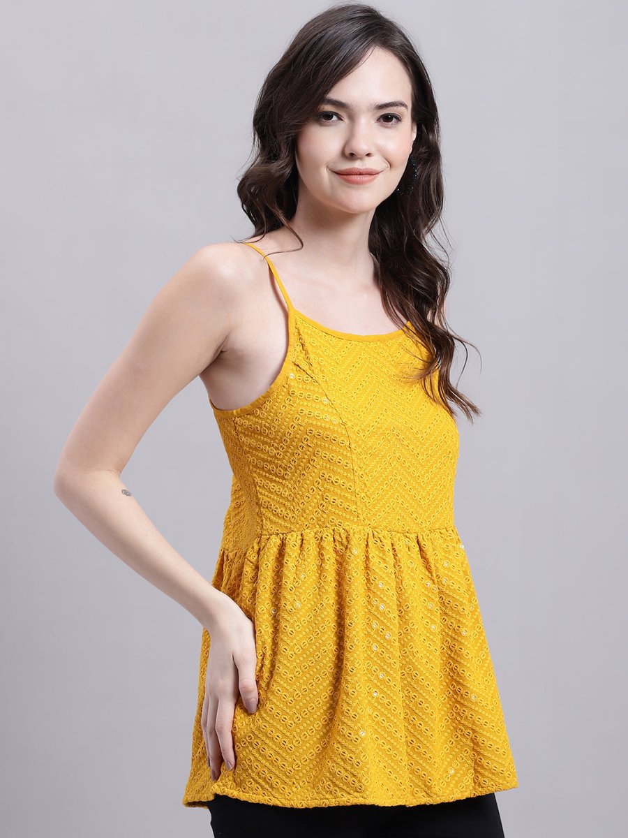 Women's Mustard Chikankari Sequen Work Empire Top - JNT_2014Mustard_XS