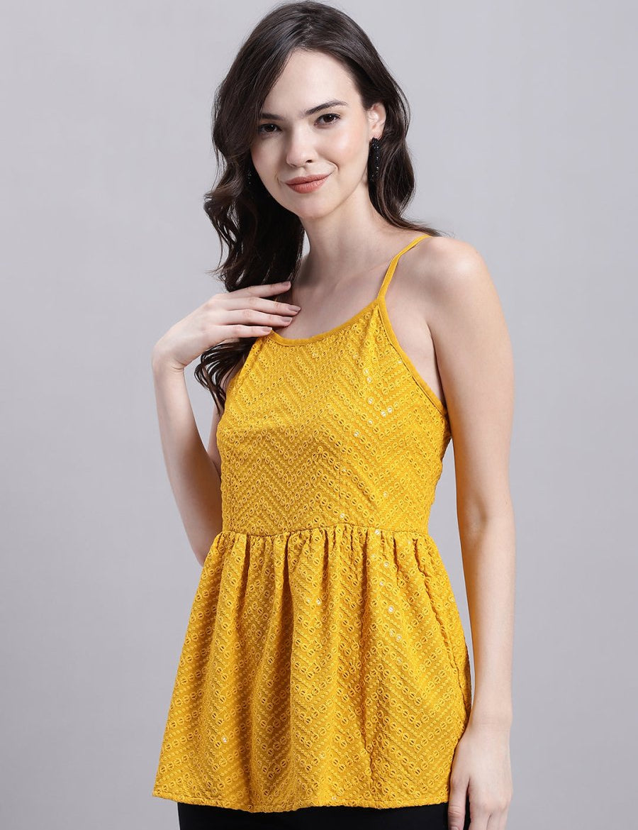 Women's Mustard Chikankari Sequen Work Empire Top - JNT_2014Mustard_XS