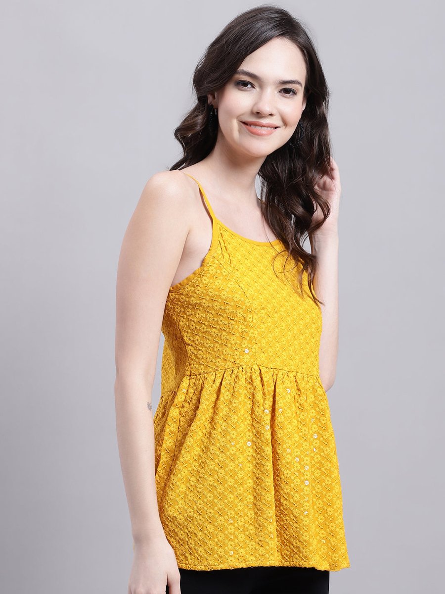 Women's Mustard Chikankari Sequen Work Empire Top - JNT_2013Mustard_XS