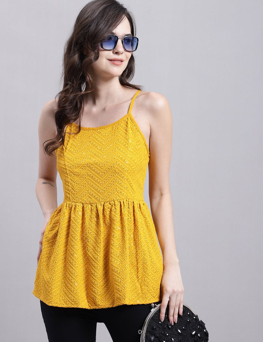 Women's Mustard Chikankari Sequen Work Empire Top - JNT_2014Mustard_XS