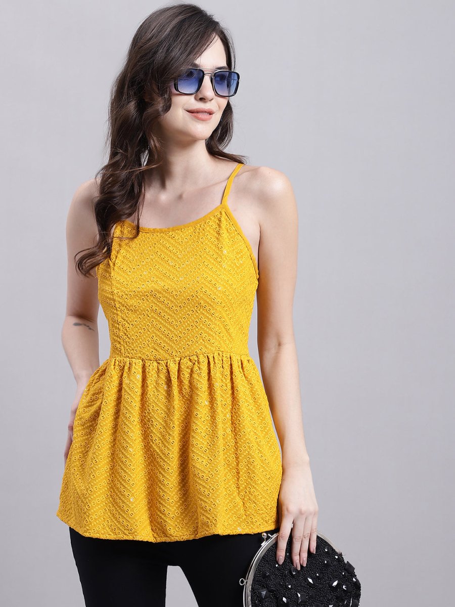 Women's Mustard Chikankari Sequen Work Empire Top - JNT_2014Mustard_XS