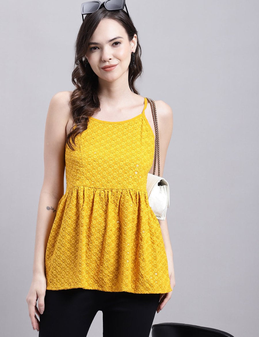 Women's Mustard Chikankari Sequen Work Empire Top - JNT_2013Mustard_XS