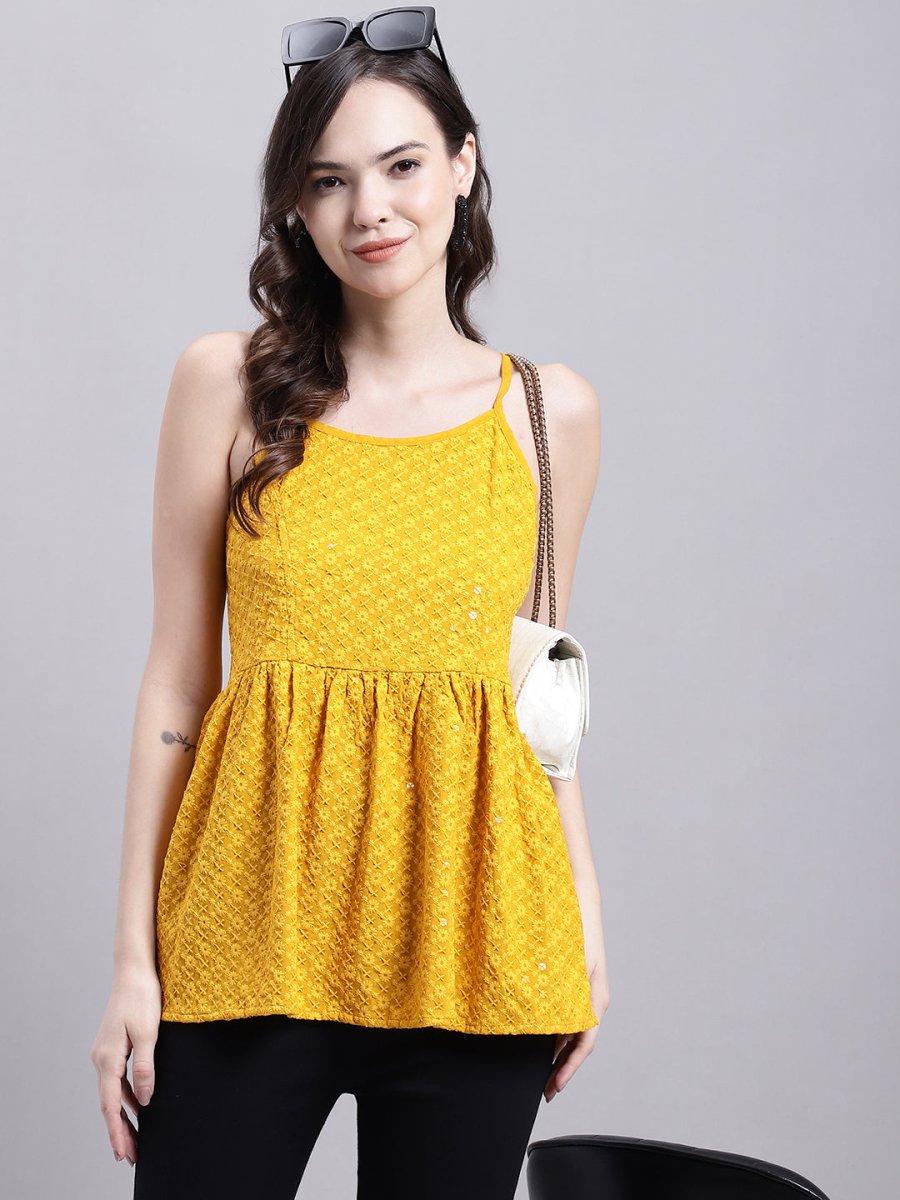 Women's Mustard Chikankari Sequen Work Empire Top - JNT_2013Mustard_XS