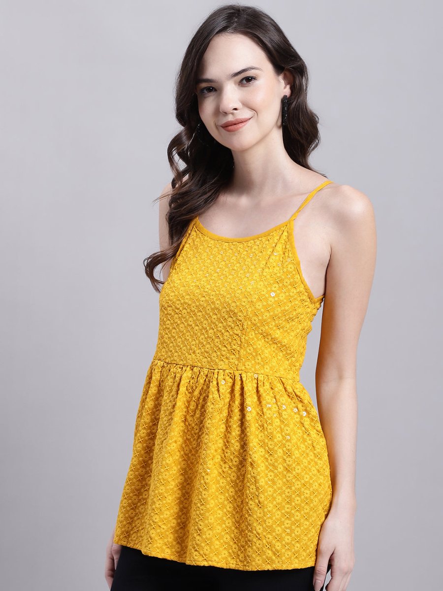 Women's Mustard Chikankari Sequen Work Empire Top - JNT_2013Mustard_XS