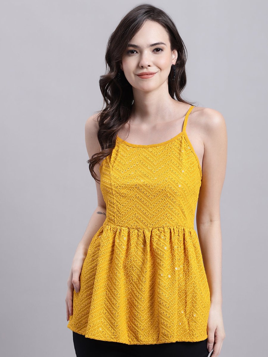 Women's Mustard Chikankari Sequen Work Empire Top - JNT_2014Mustard_XS