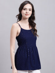 Women's Navy Blue Chikankari Sequen Work Empire Top - JNT_2014Navy_XS