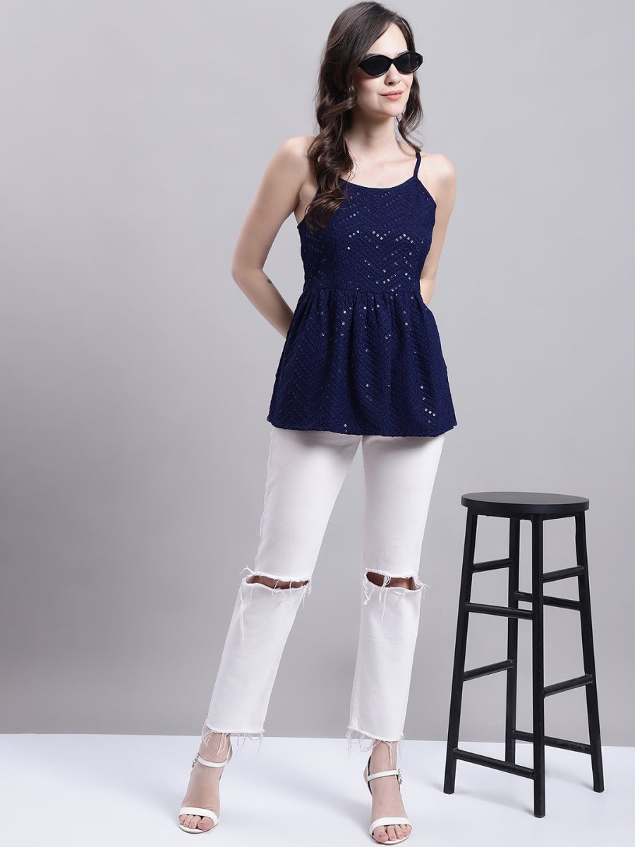 Women's Navy Blue Chikankari Sequen Work Empire Top - JNT_2014Navy_XS