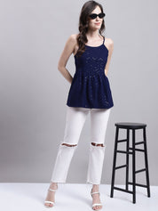 Women's Navy Blue Chikankari Sequen Work Empire Top - JNT_2014Navy_XS