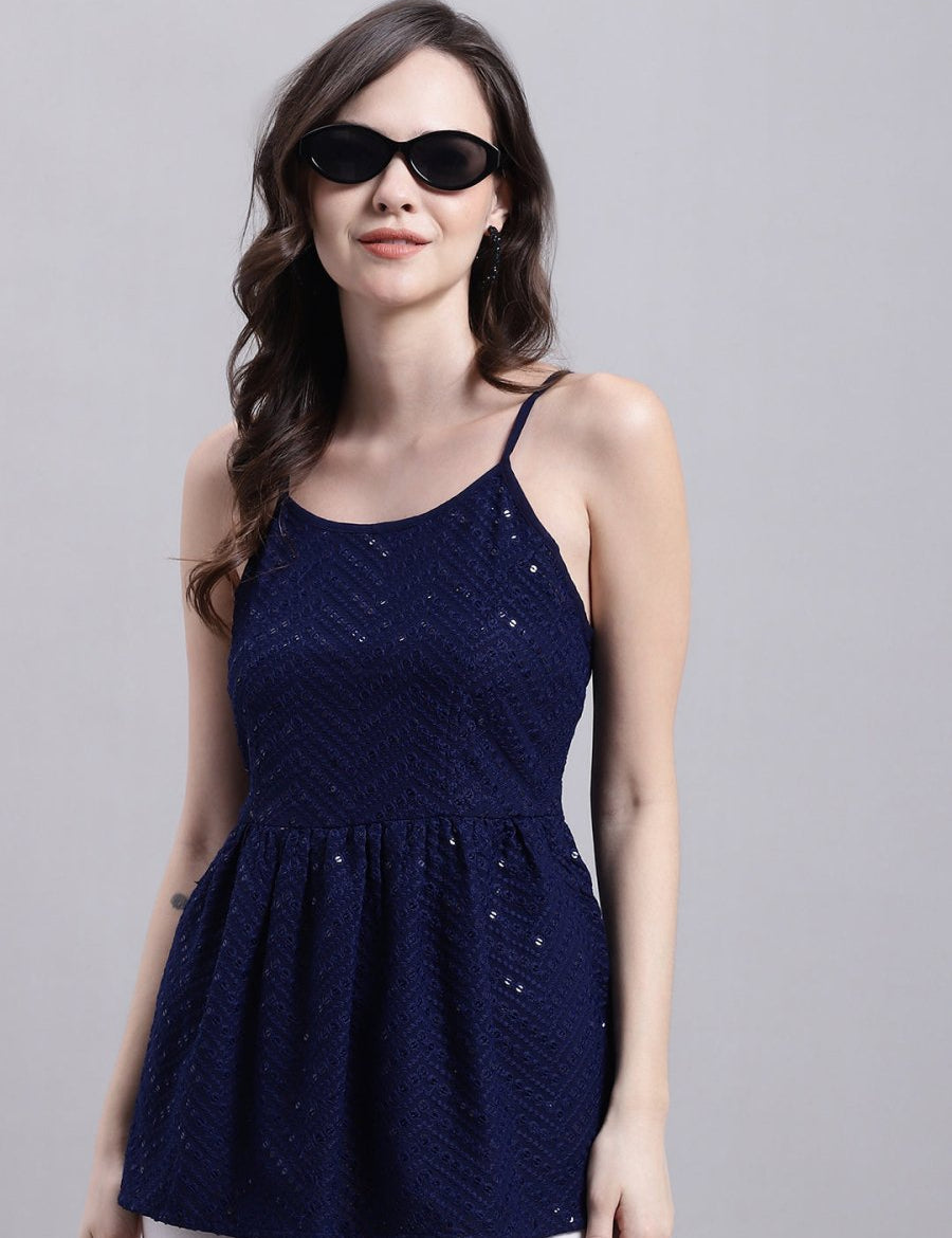 Women's Navy Blue Chikankari Sequen Work Empire Top - JNT_2014Navy_XS