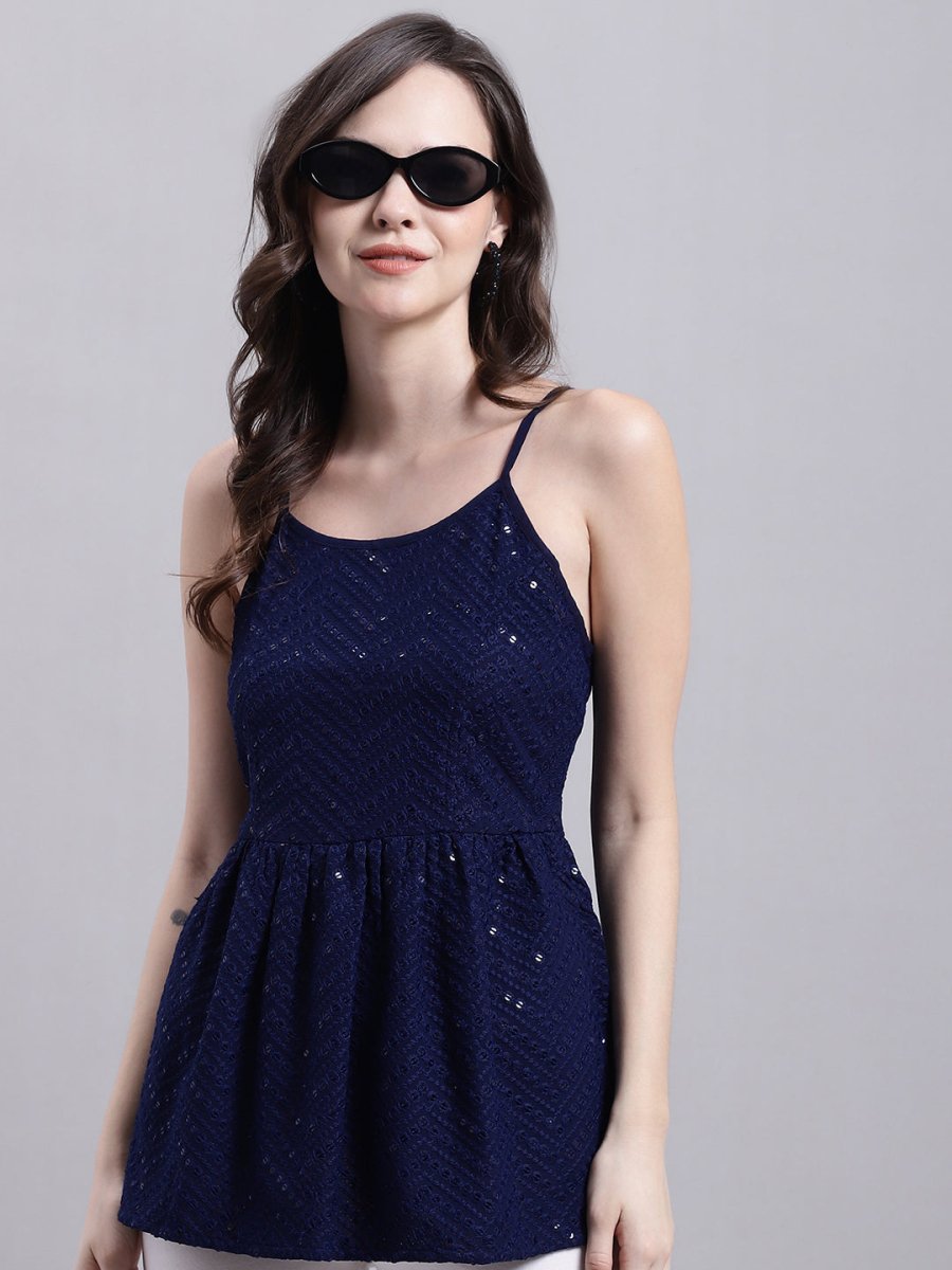 Women's Navy Blue Chikankari Sequen Work Empire Top - JNT_2014Navy_XS
