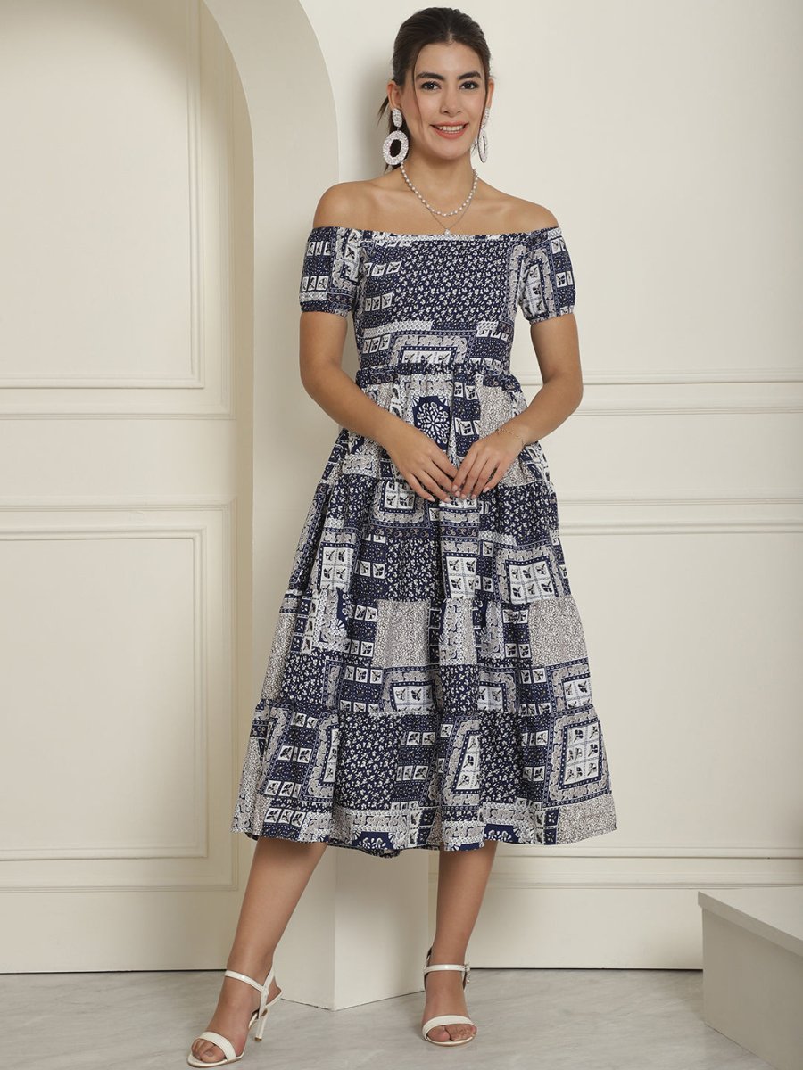 Women's Navy Blue Printed off-Shoulder Dress - JND_1022Navy_XS
