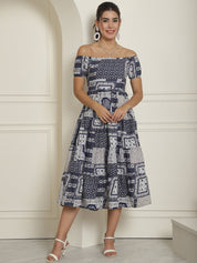 Women's Navy Blue Printed off-Shoulder Dress - JND_1022Navy_XS