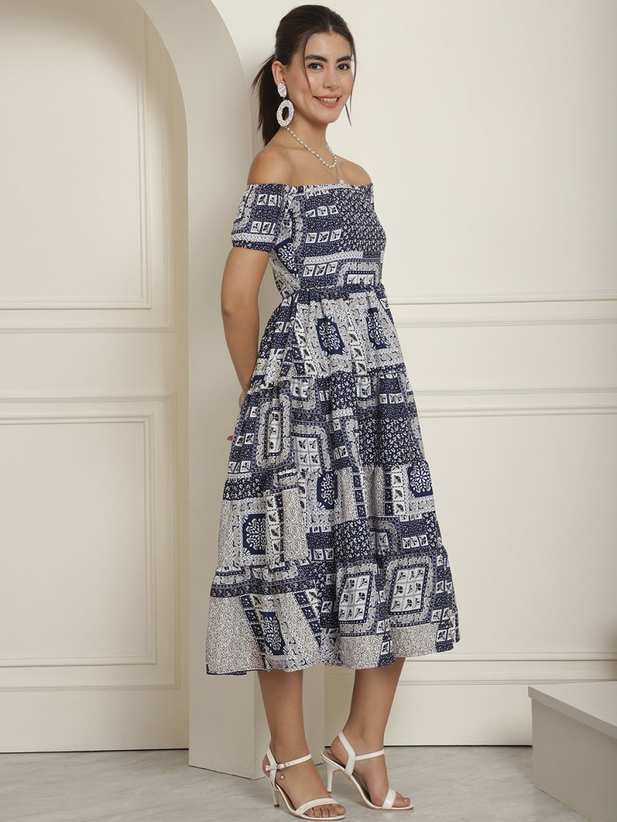 Women's Navy Blue Printed off-Shoulder Dress - JND_1022Navy_XS