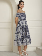 Women's Navy Blue Printed off-Shoulder Dress - JND_1022Navy_XS