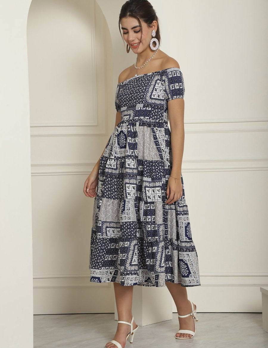 Women's Navy Blue Printed off-Shoulder Dress - JND_1022Navy_XS