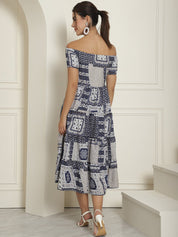 Women's Navy Blue Printed off-Shoulder Dress - JND_1022Navy_XS