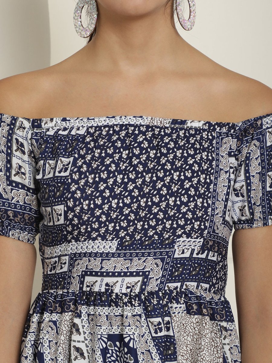 Women's Navy Blue Printed off-Shoulder Dress - JND_1022Navy_XS