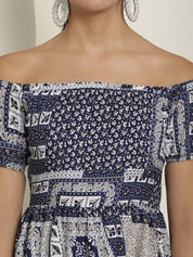 Women's Navy Blue Printed off-Shoulder Dress - JND_1022Navy_XS