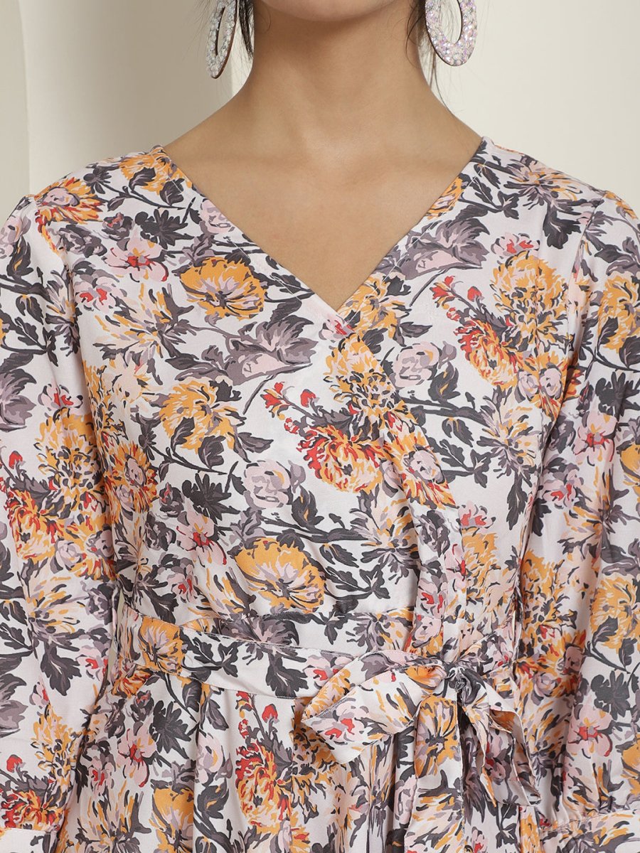 Women's Off-White Floral Printed A-line Dress With Belt - JND_1023White_XS