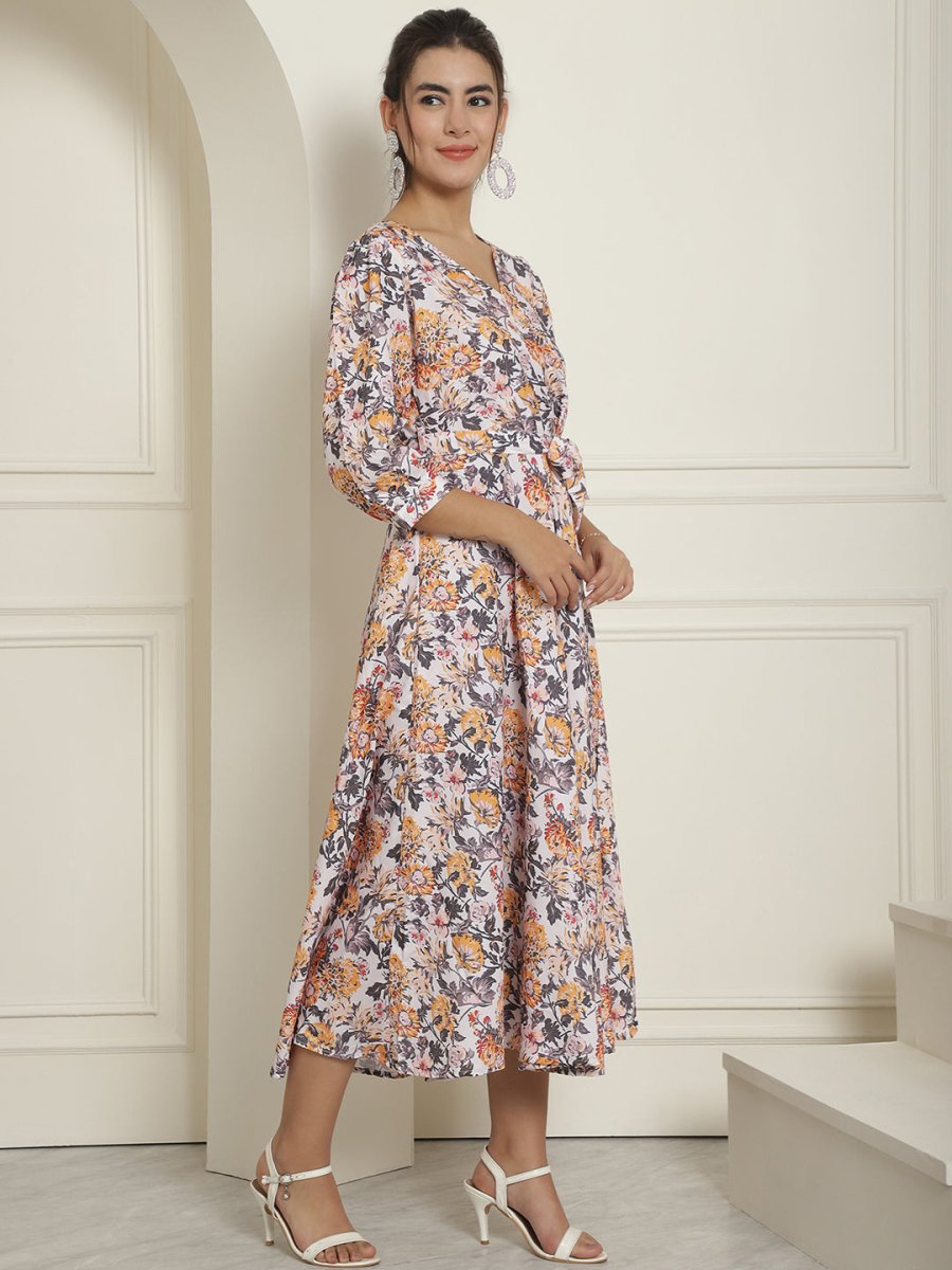 Women's Off-White Floral Printed A-line Dress With Belt - JND_1023White_XS