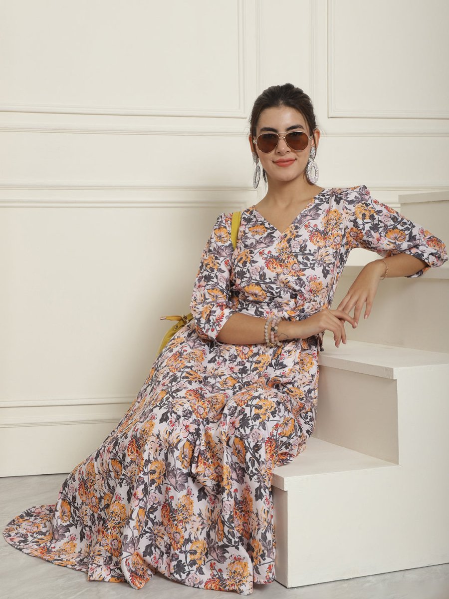 Women's Off-White Floral Printed A-line Dress With Belt - JND_1023White_XS