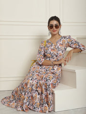 Women's Off-White Floral Printed A-line Dress With Belt - JND_1023White_XS