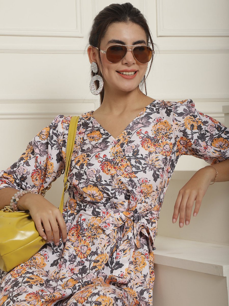 Women's Off-White Floral Printed A-line Dress With Belt - JND_1023White_XS