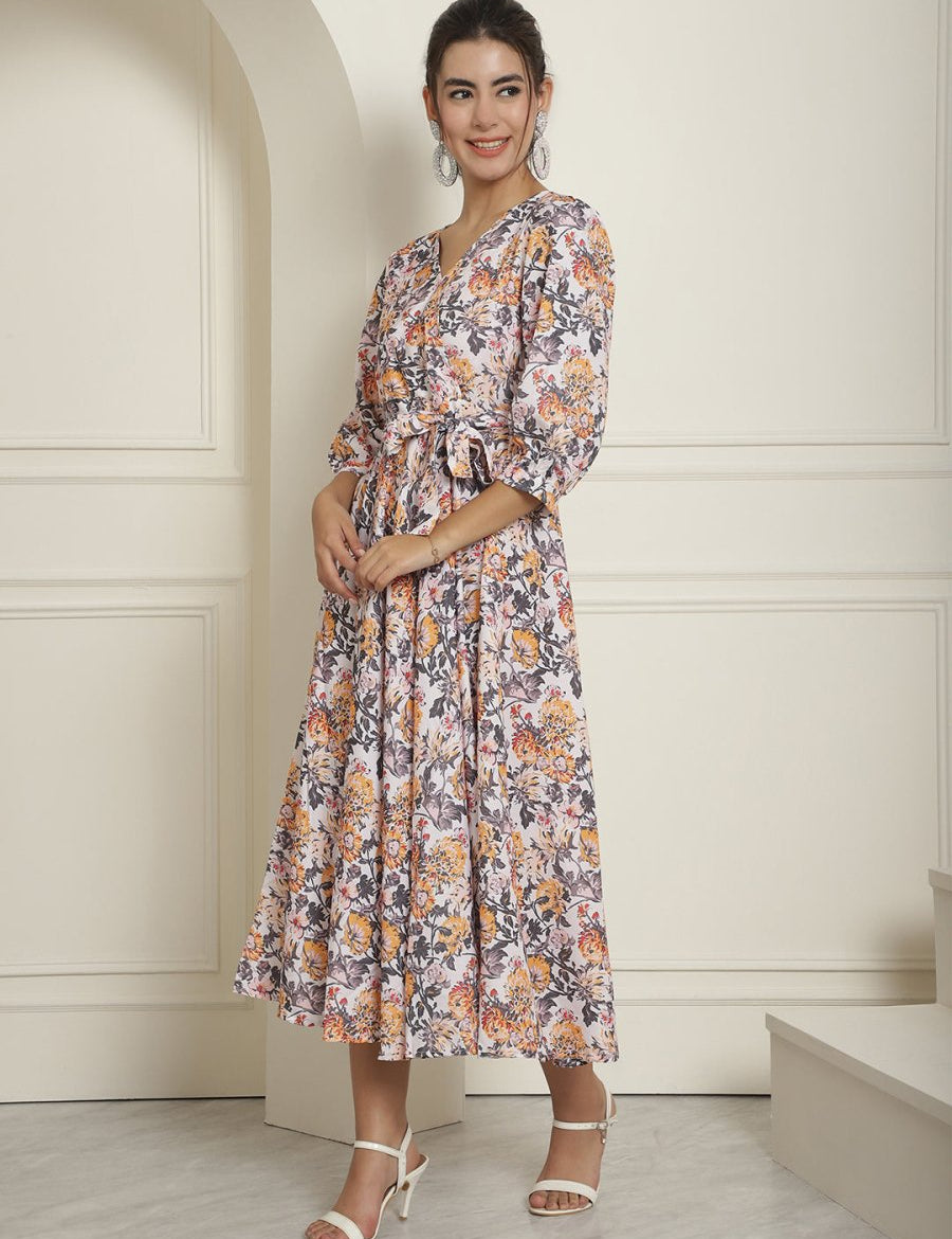 Women's Off-White Floral Printed A-line Dress With Belt - JND_1023White_XS