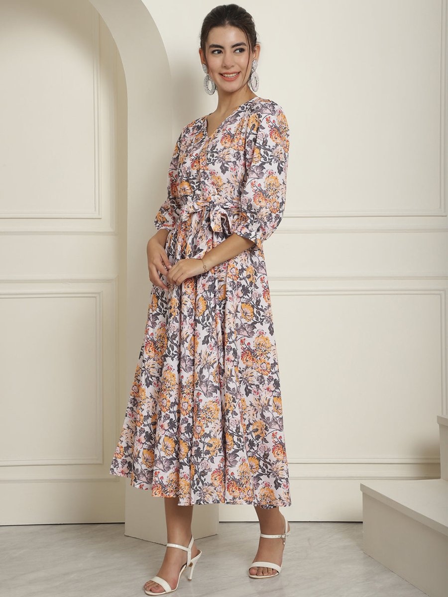 Women's Off-White Floral Printed A-line Dress With Belt - JND_1023White_XS