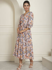 Women's Off-White Floral Printed A-line Dress With Belt - JND_1023White_XS