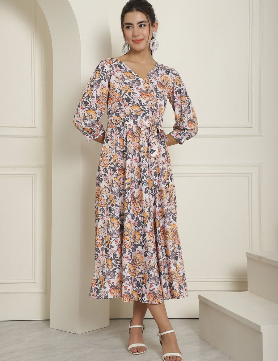 Women's Off-White Floral Printed A-line Dress With Belt - JND_1023White_XS