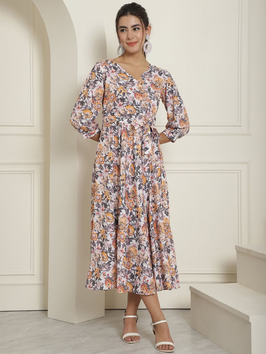 Women's Off-White Floral Printed A-line Dress With Belt - JND_1023White_XS
