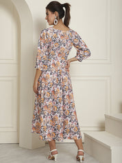 Women's Off-White Floral Printed A-line Dress With Belt - JND_1023White_XS