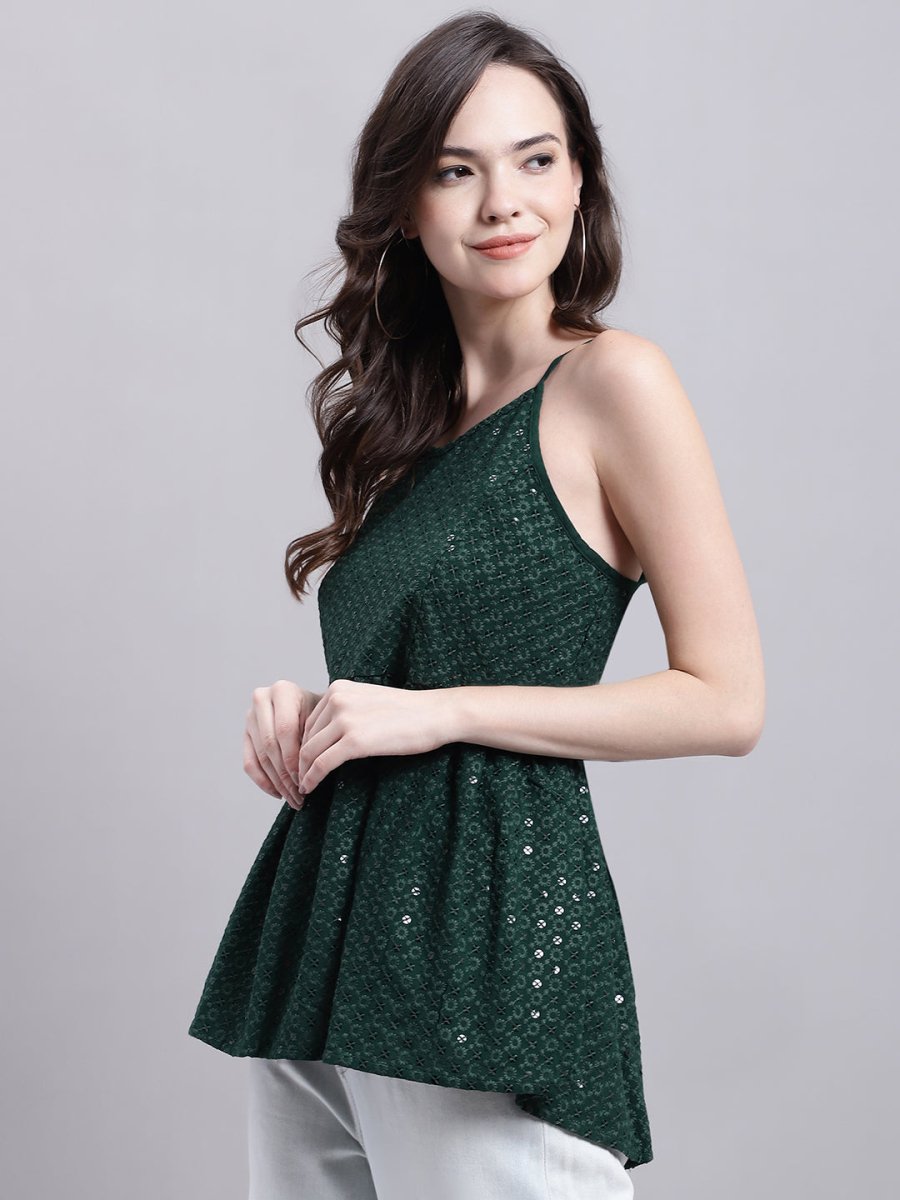 Women's Olive Green Chikankari Sequen Work Empire Top - JNT_2013Olive_XS