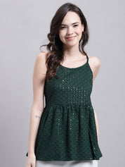 Women's Olive Green Chikankari Sequen Work Empire Top - JNT_2013Olive_XS