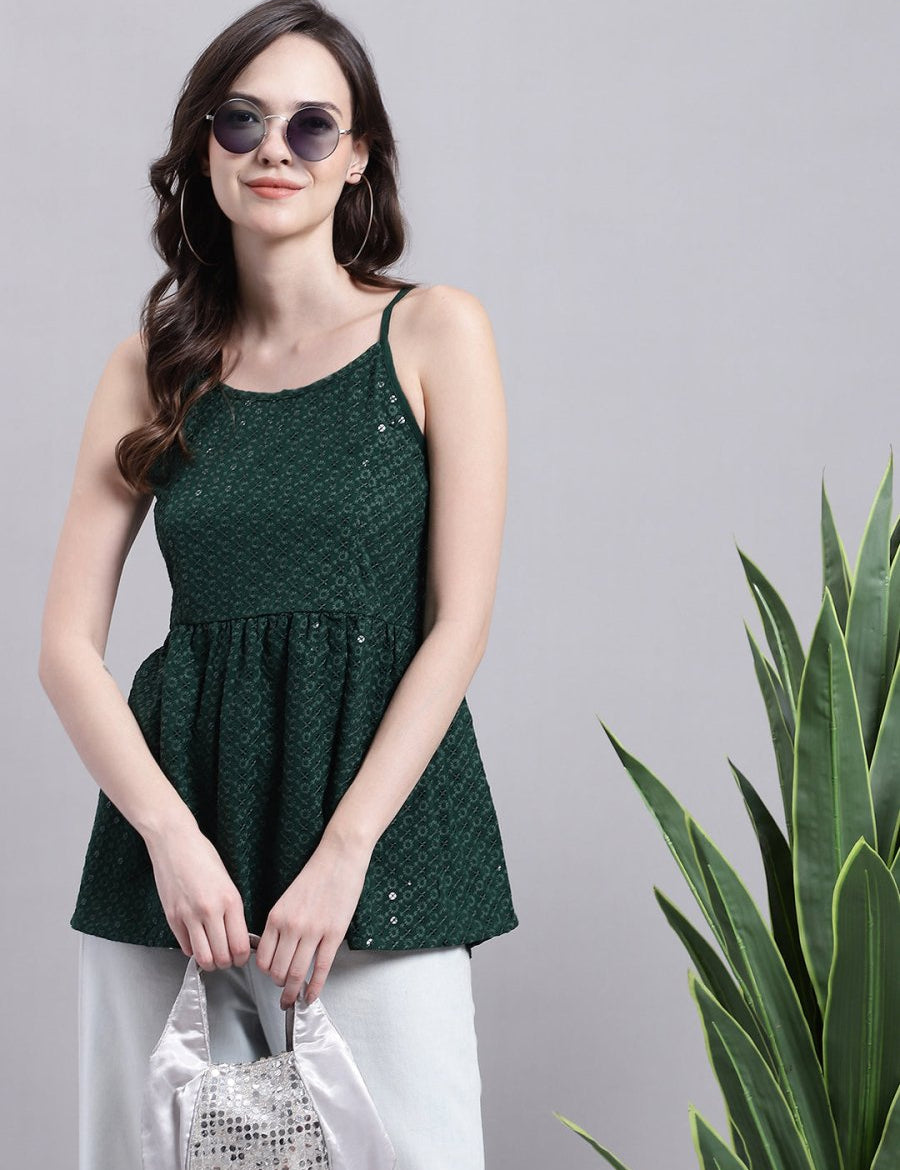 Women's Olive Green Chikankari Sequen Work Empire Top - JNT_2013Olive_XS