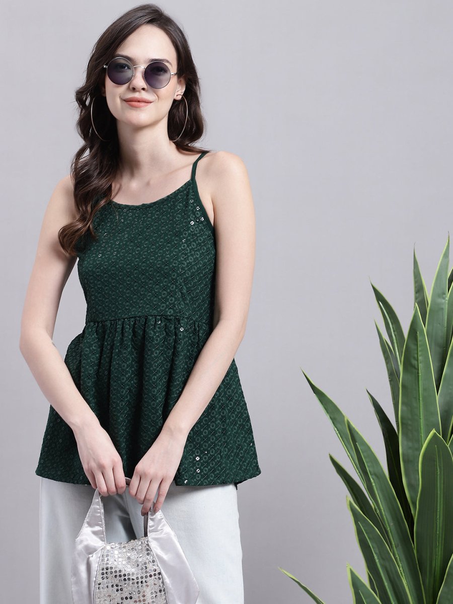 Women's Olive Green Chikankari Sequen Work Empire Top - JNT_2013Olive_XS