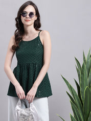 Women's Olive Green Chikankari Sequen Work Empire Top - JNT_2013Olive_XS