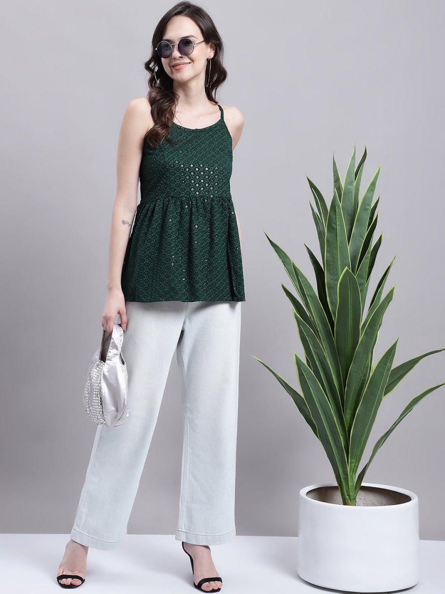 Women's Olive Green Chikankari Sequen Work Empire Top - JNT_2013Olive_XS