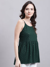 Women's Olive Green Chikankari Sequen Work Empire Top - JNT_2013Olive_XS