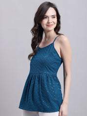Women's Peacock Blue Chikankari Sequen Work Empire Top - JNT_2014Peacock_XS