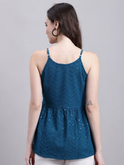 Women's Peacock Blue Chikankari Sequen Work Empire Top - JNT_2014Peacock_XS