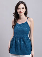Women's Peacock Blue Chikankari Sequen Work Empire Top - JNT_2014Peacock_XS