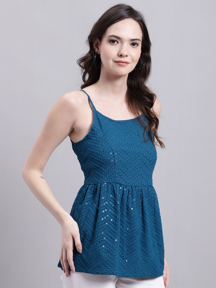Women's Peacock Blue Chikankari Sequen Work Empire Top - JNT_2014Peacock_XS