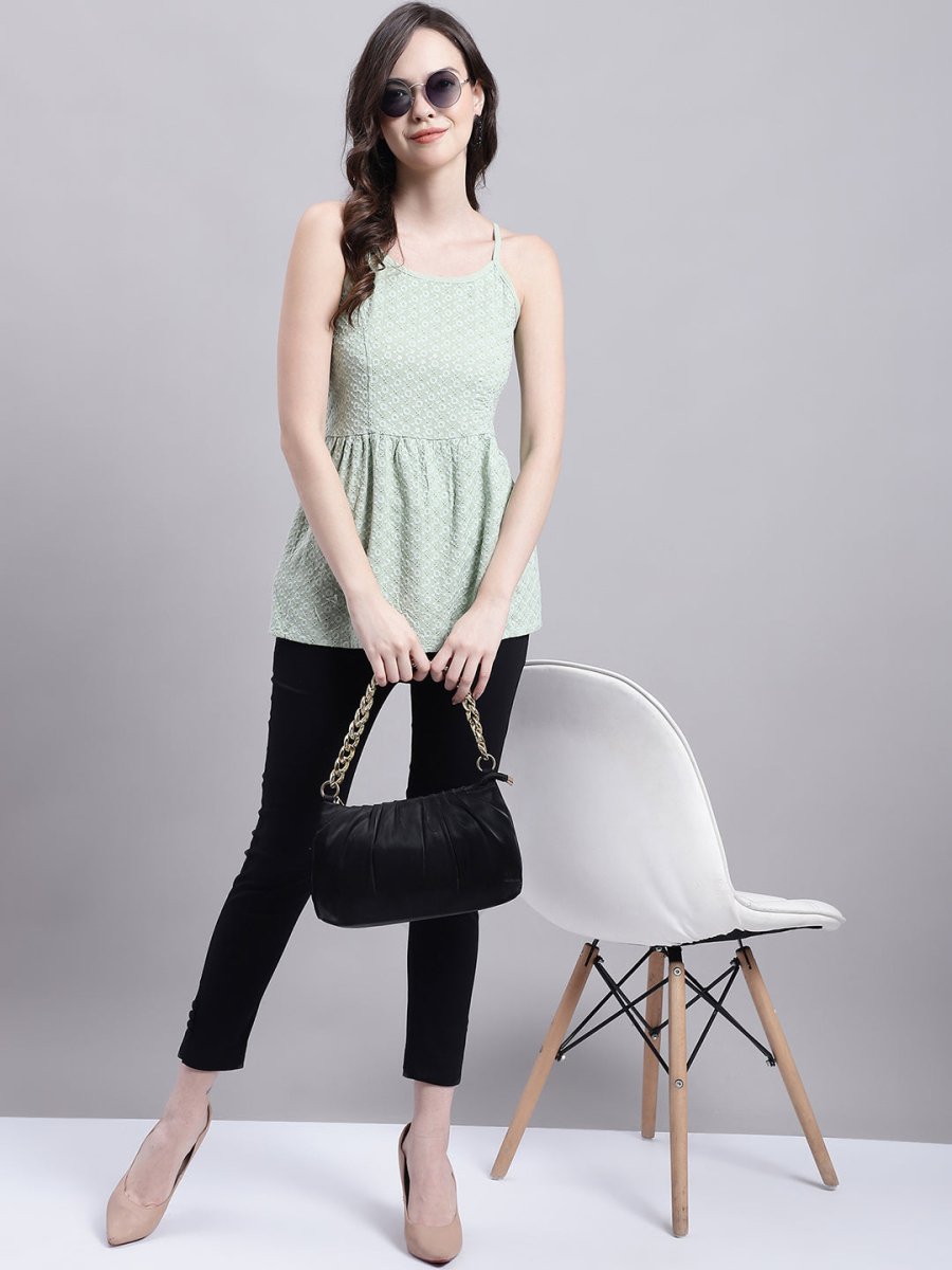 Women's Pista Green Chikankari Sequen Work Empire Top - JNT_2013Pista_XS