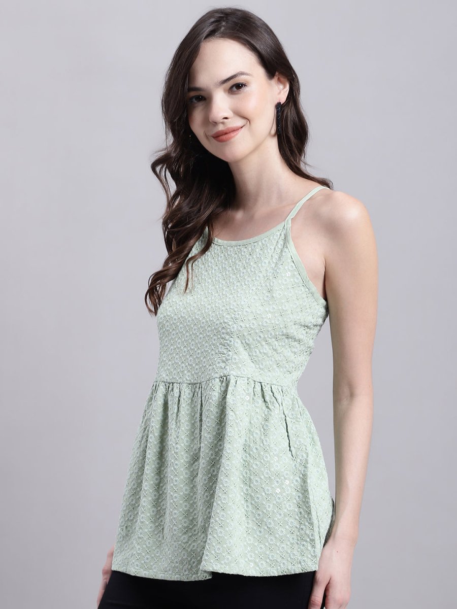 Women's Pista Green Chikankari Sequen Work Empire Top - JNT_2013Pista_XS