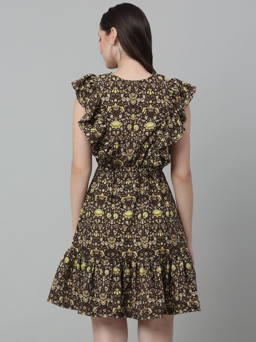 Women's Printed Tiered Dress with frills - JND_1007Coffee_XS